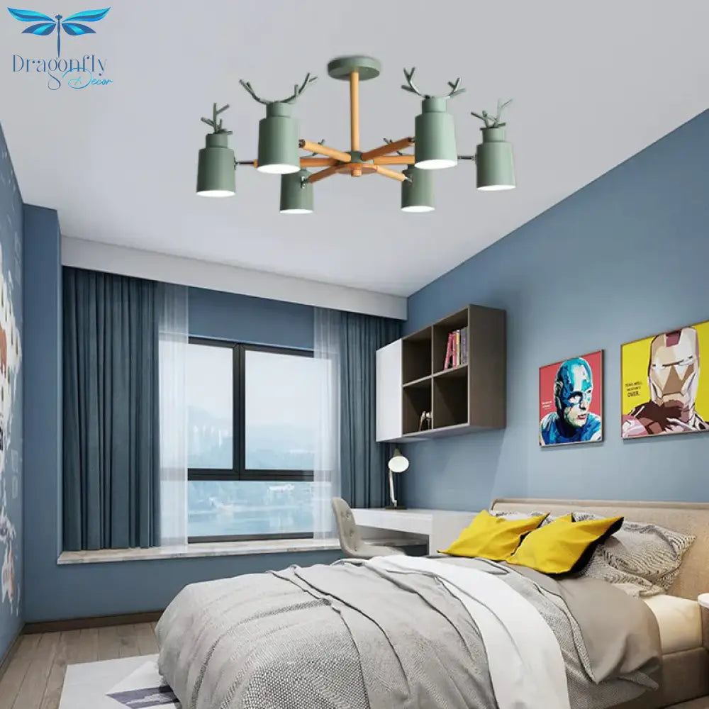 Nordic Cylinder Pendant Light With Antlers Six Lights Wood Chandelier In Green For Kindergarten