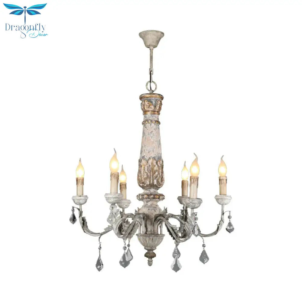 Nordic Starburst Hanging Chandelier Wood 6 Bulbs Suspension Light In Distressed White For Living