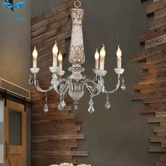 Nordic Starburst Hanging Chandelier Wood 6 Bulbs Suspension Light In Distressed White For Living