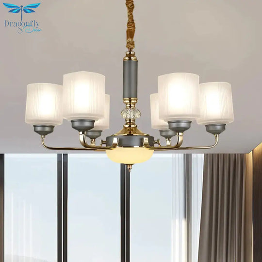 Null 6/8/12 Bulbs Chandelier Light Fixture Rural Cream Glass Cylindrical Pendulum For Bedroom