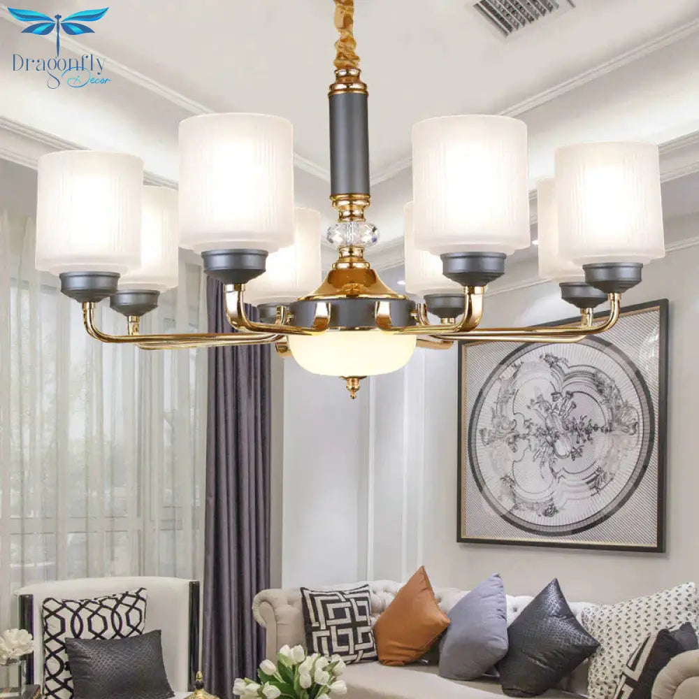 Null 6/8/12 Bulbs Chandelier Light Fixture Rural Cream Glass Cylindrical Pendulum For Bedroom