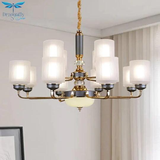 Null 6/8/12 Bulbs Chandelier Light Fixture Rural Cream Glass Cylindrical Pendulum For Bedroom