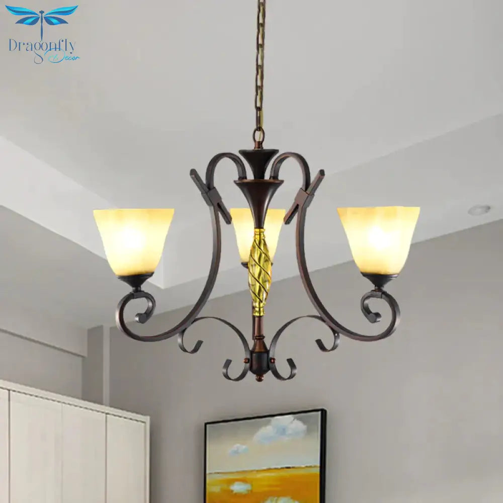 Opal Glass Bell Suspension Lighting Vintage 3 - Light Living Room Chandelier With Swirled Arm In