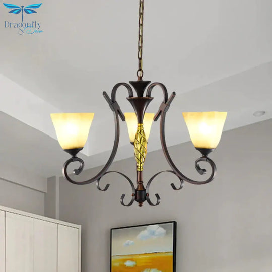 Opal Glass Bell Suspension Lighting Vintage 3 - Light Living Room Chandelier With Swirled Arm In