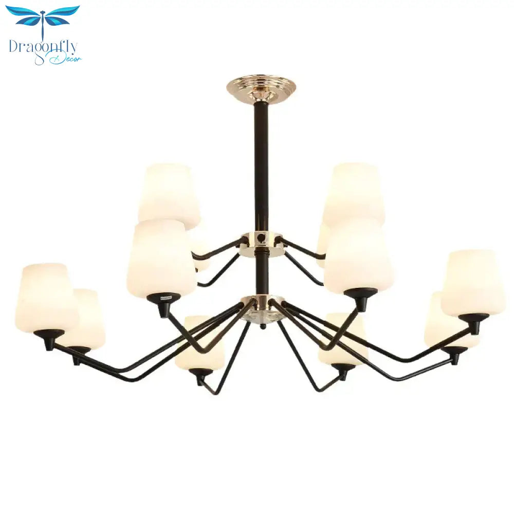Opal Glass Black Pendant Lamp Sputnik 12 Lights Traditional Chandelier Light Fixture With Cup Shade