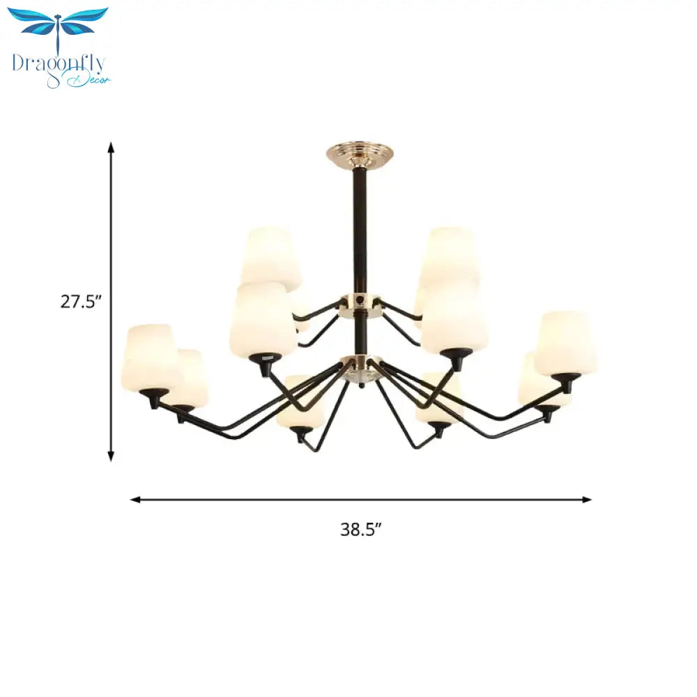 Opal Glass Black Pendant Lamp Sputnik 12 Lights Traditional Chandelier Light Fixture With Cup Shade