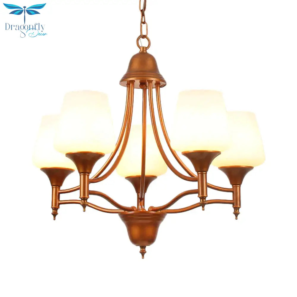 Opal Glass Bronze Chandelier Lighting Tapered 3/5/6 Bulbs Countryside Hanging Pendant For Bedroom