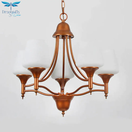 Opal Glass Bronze Chandelier Lighting Tapered 3/5/6 Bulbs Countryside Hanging Pendant For Bedroom