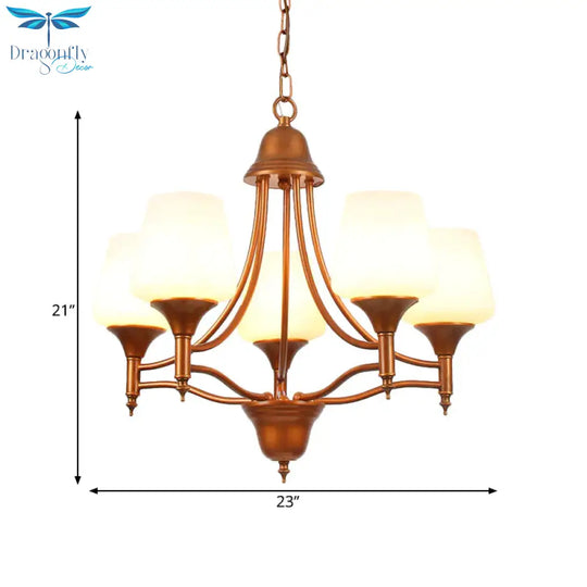 Opal Glass Bronze Chandelier Lighting Tapered 3/5/6 Bulbs Countryside Hanging Pendant For Bedroom