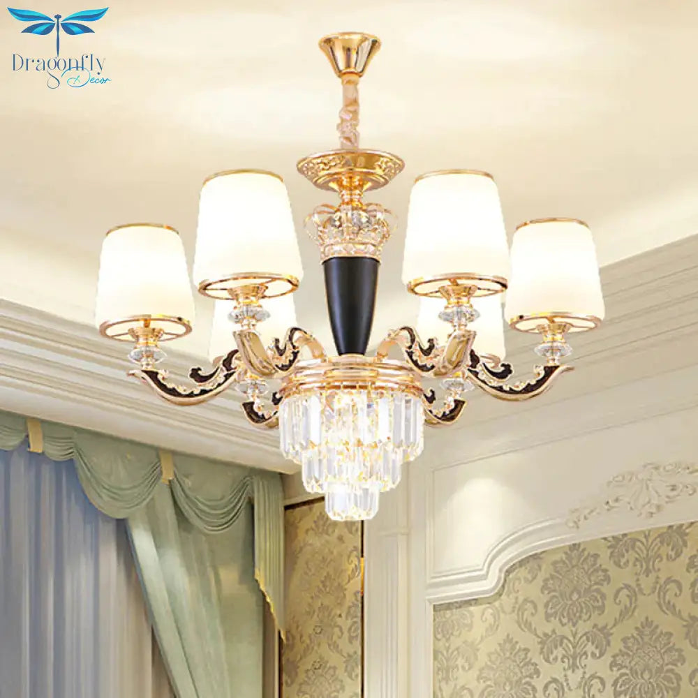 Opal Glass Cone Hanging Pendant Mid - Century 6 Heads Bedroom Chandelier In Black And Gold With