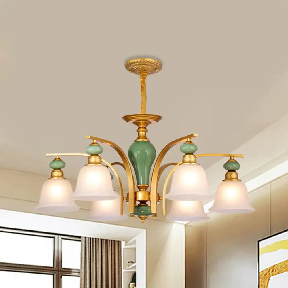 Opal Glass Gold Pendant Light Fixture Bell 5/6/8 Lights Rustic Style Chandelier Lighting With