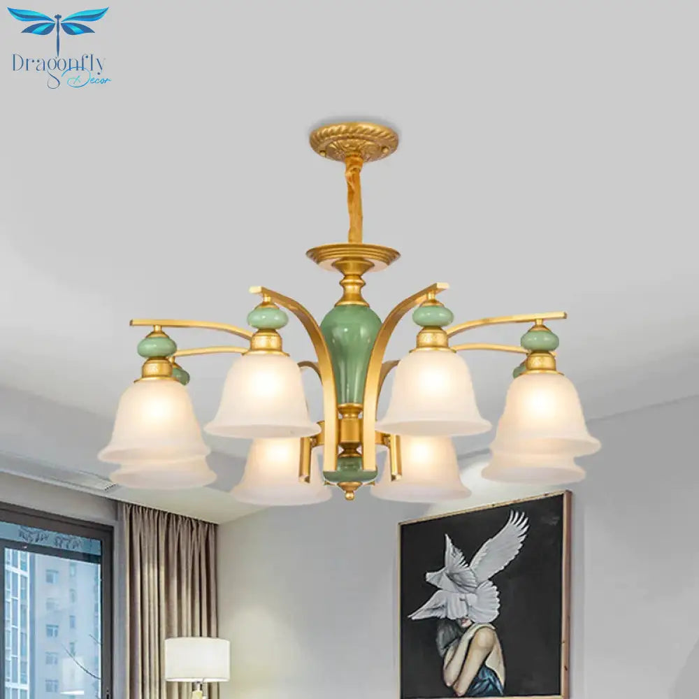 Opal Glass Gold Pendant Light Fixture Bell 5/6/8 Lights Rustic Style Chandelier Lighting With