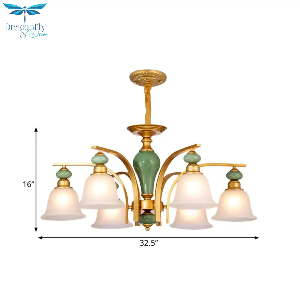 Opal Glass Gold Pendant Light Fixture Bell 5/6/8 Lights Rustic Style Chandelier Lighting With