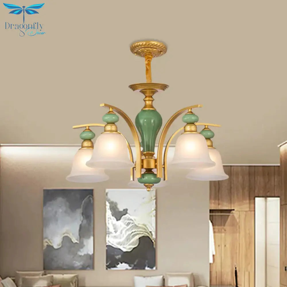 Opal Glass Gold Pendant Light Fixture Bell 5/6/8 Lights Rustic Style Chandelier Lighting With