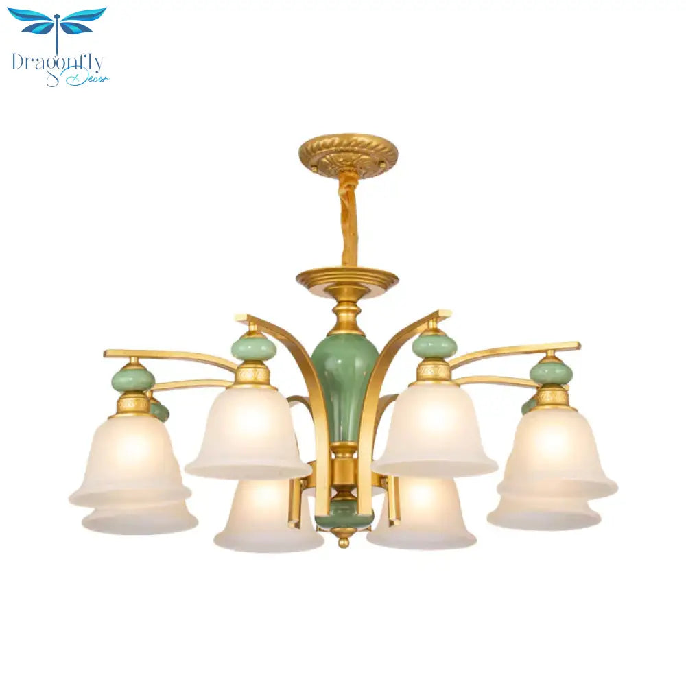 Opal Glass Gold Pendant Light Fixture Bell 5/6/8 Lights Rustic Style Chandelier Lighting With