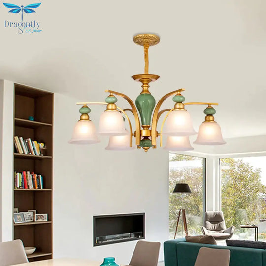 Opal Glass Gold Pendant Light Fixture Bell 5/6/8 Lights Rustic Style Chandelier Lighting With