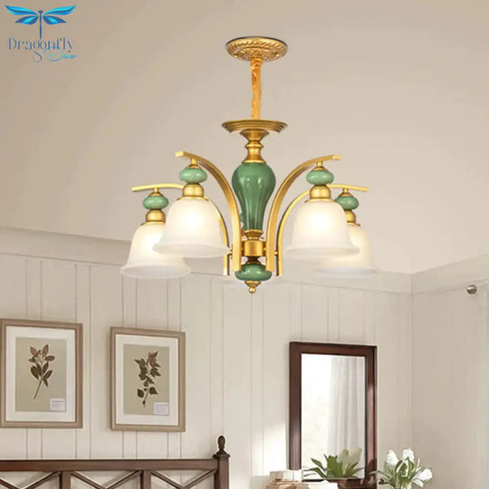 Opal Glass Gold Pendant Light Fixture Bell 5/6/8 Lights Rustic Style Chandelier Lighting With