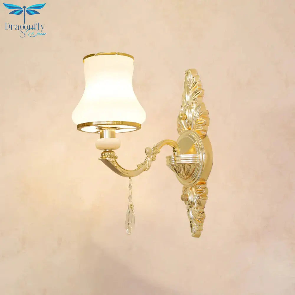 Opal Glass K9 Crystal Wall Light Classic Living Room Lighting Fixture With Accent In Gold