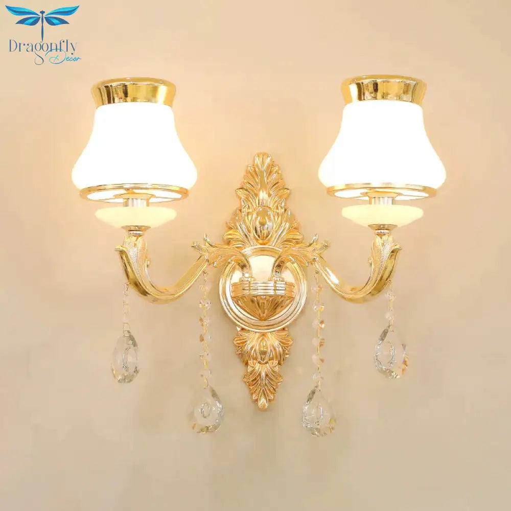 Opal Glass K9 Crystal Wall Light Classic Living Room Lighting Fixture With Accent In Gold