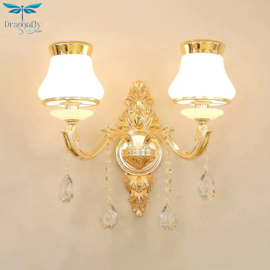 Opal Glass K9 Crystal Wall Light Classic Living Room Lighting Fixture With Accent In Gold