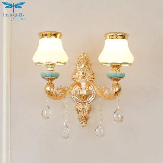 Opal Glass K9 Crystal Wall Light Classic Living Room Lighting Fixture With Accent In Gold