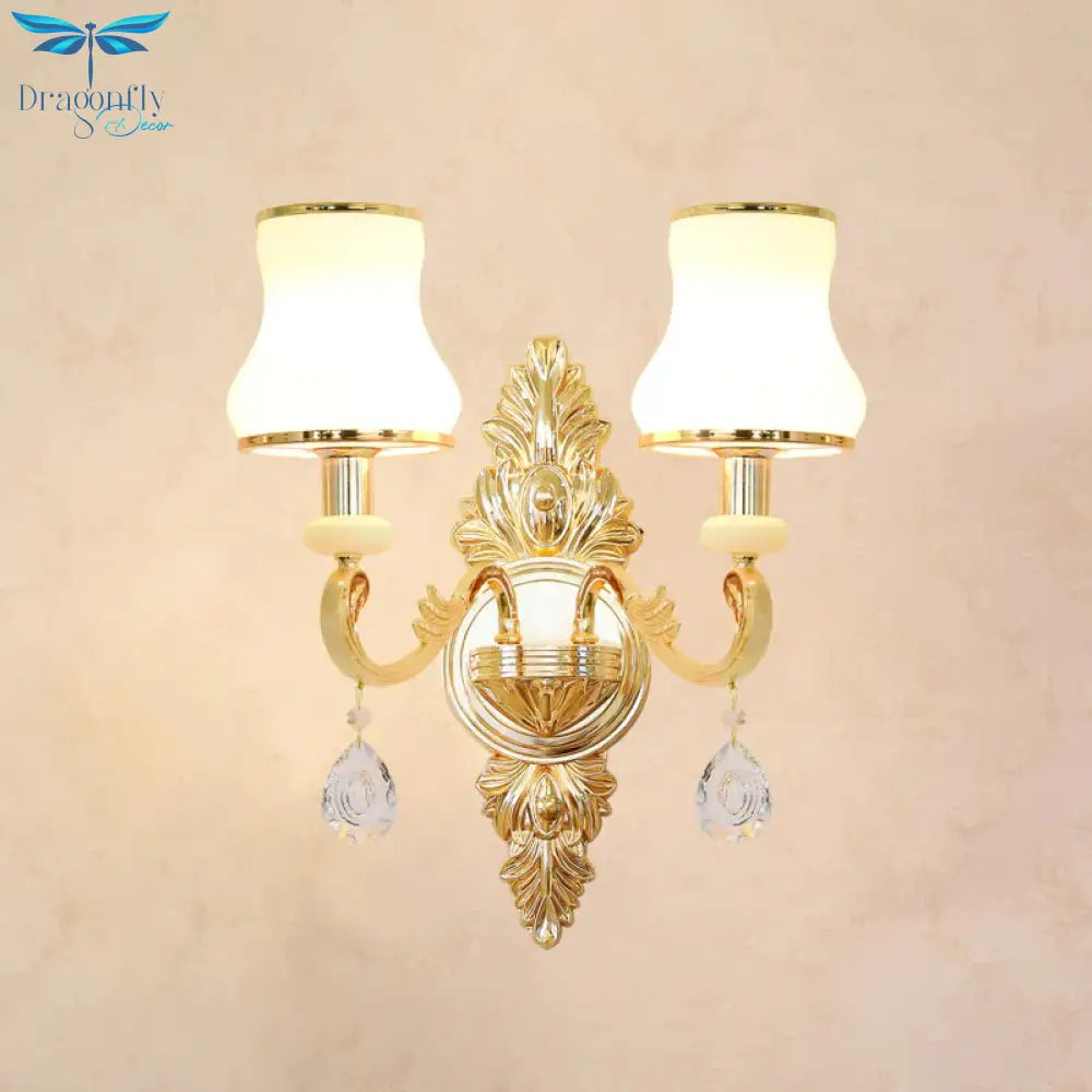 Opal Glass K9 Crystal Wall Light Classic Living Room Lighting Fixture With Accent In Gold