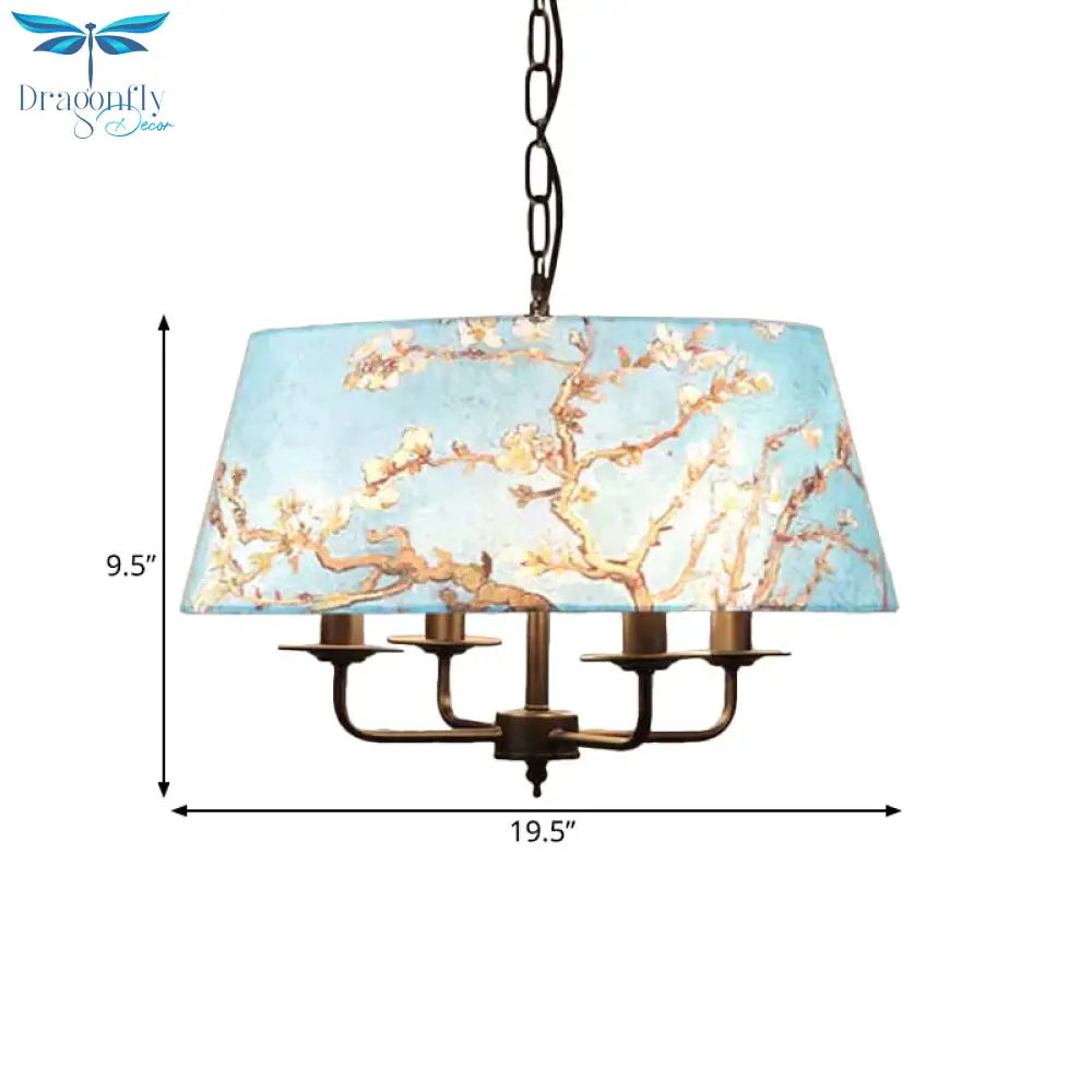 Orchid Printed Fabric Blue Chandelier Trapezoid 4 Lights Korean Garden Hanging Pendant