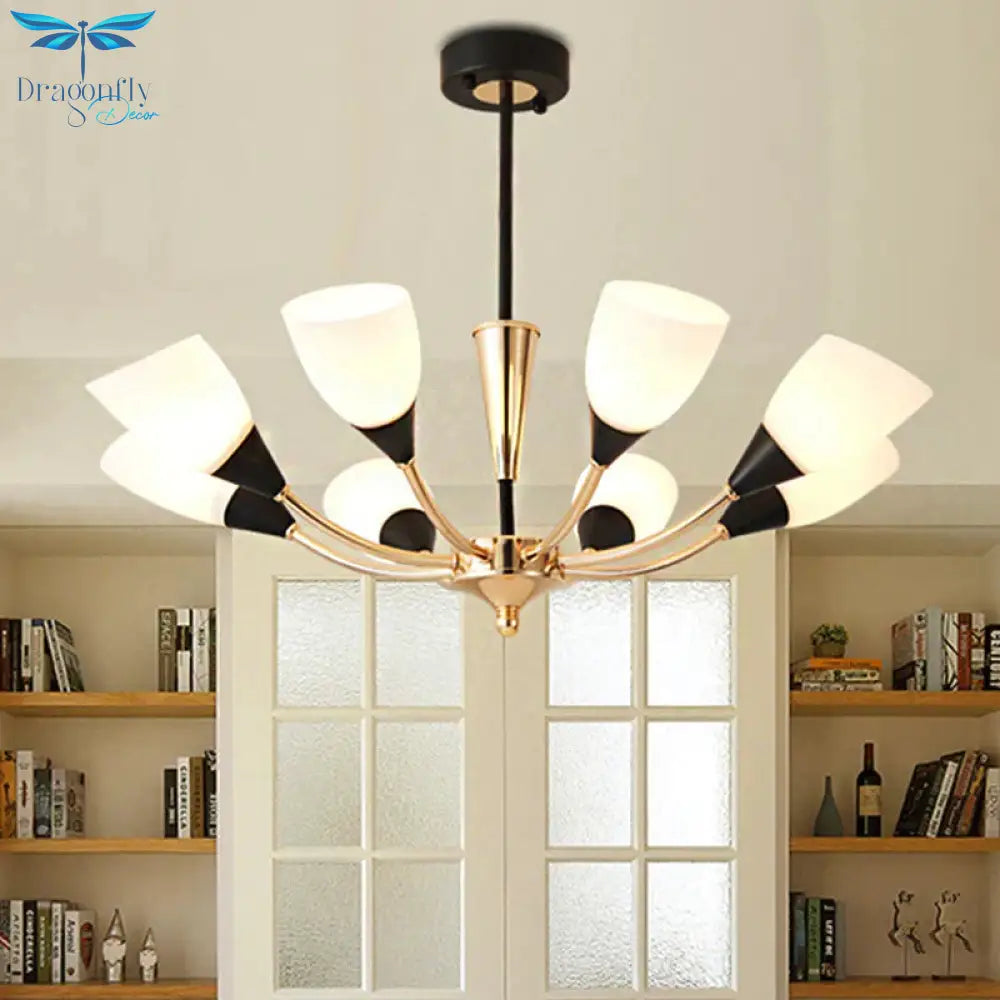 Oval Living Room Ceiling Chandelier Traditional White Glass 3/6/8 Lights Gold Hanging Fixture