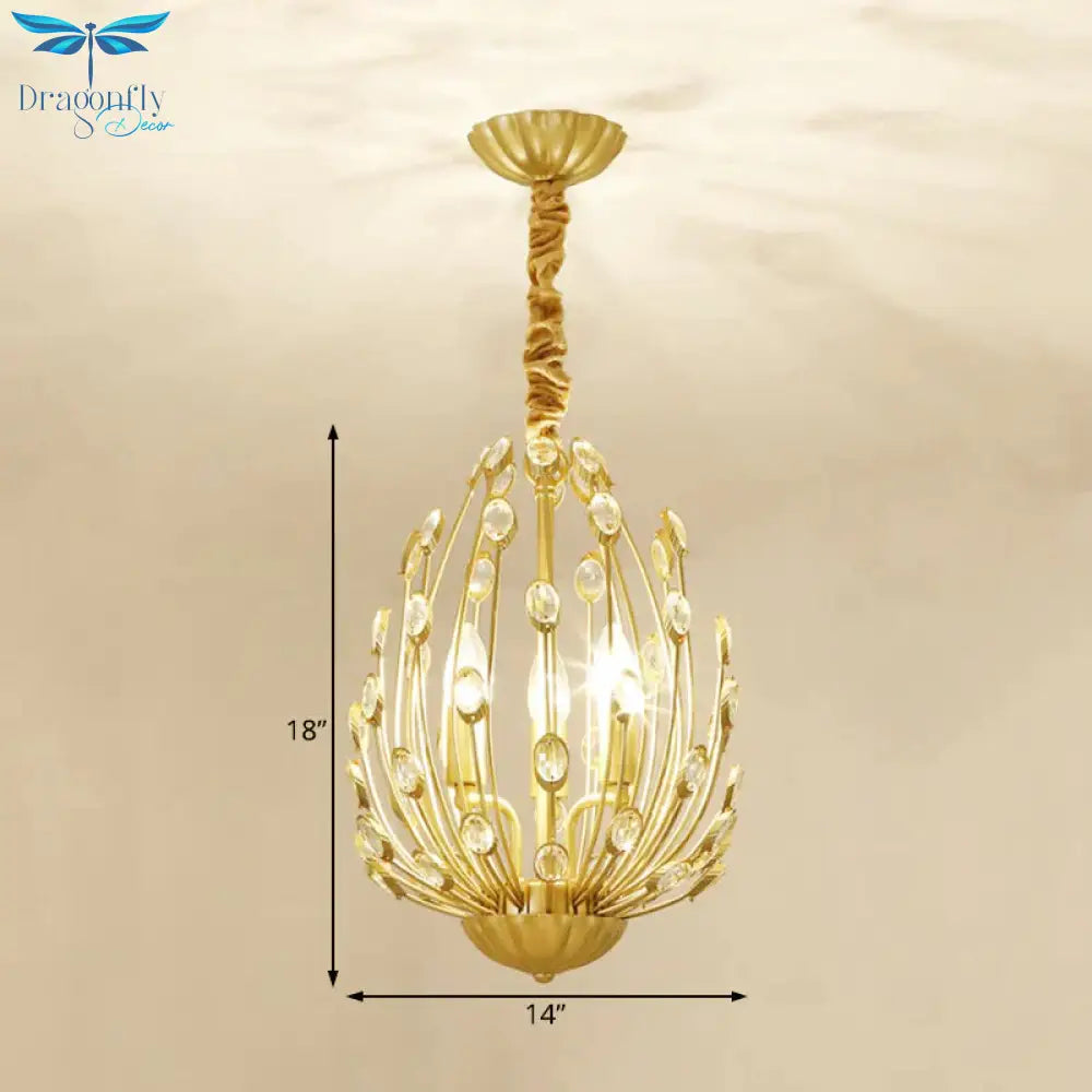 Oval Metal And Crystal Hanging Light Rustic 3/6 Lights Dining Room Chandelier In Gold