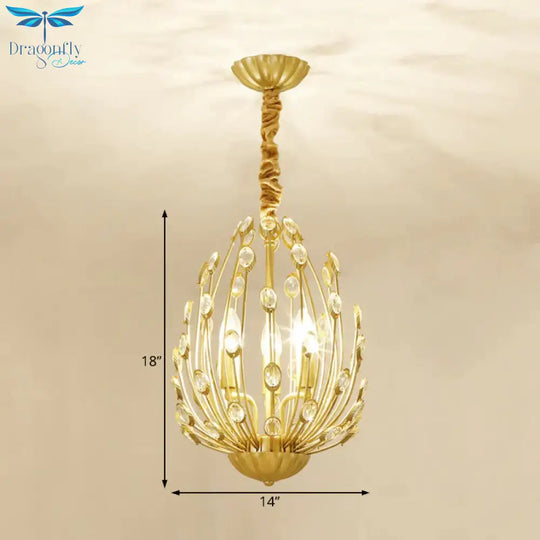 Oval Metal And Crystal Hanging Light Rustic 3/6 Lights Dining Room Chandelier In Gold