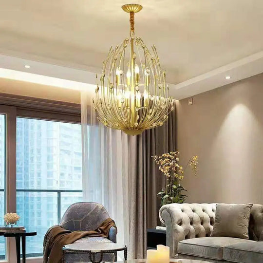 Oval Metal And Crystal Hanging Light Rustic 3/6 Lights Dining Room Chandelier In Gold 6 /