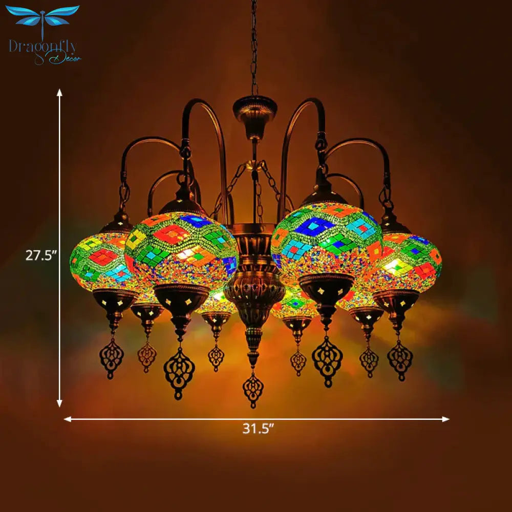 Oval Stained Glass Chandelier Light Fixture Traditional 9 Heads Dining Room Hanging Lamp Kit In