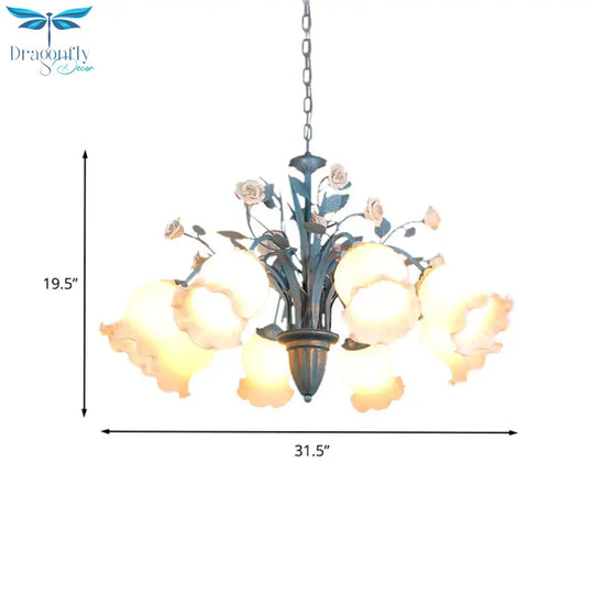 Pastoral Blossom Chandelier Lighting Fixture 3/5/6 Heads White Glass Pendant Ceiling Light In Blue