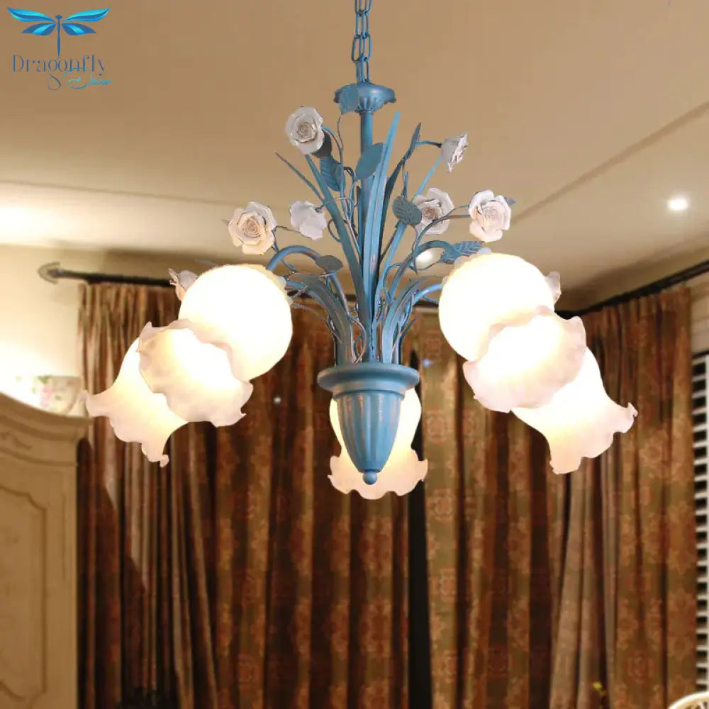 Pastoral Blossom Chandelier Lighting Fixture 3/5/6 Heads White Glass Pendant Ceiling Light In Blue