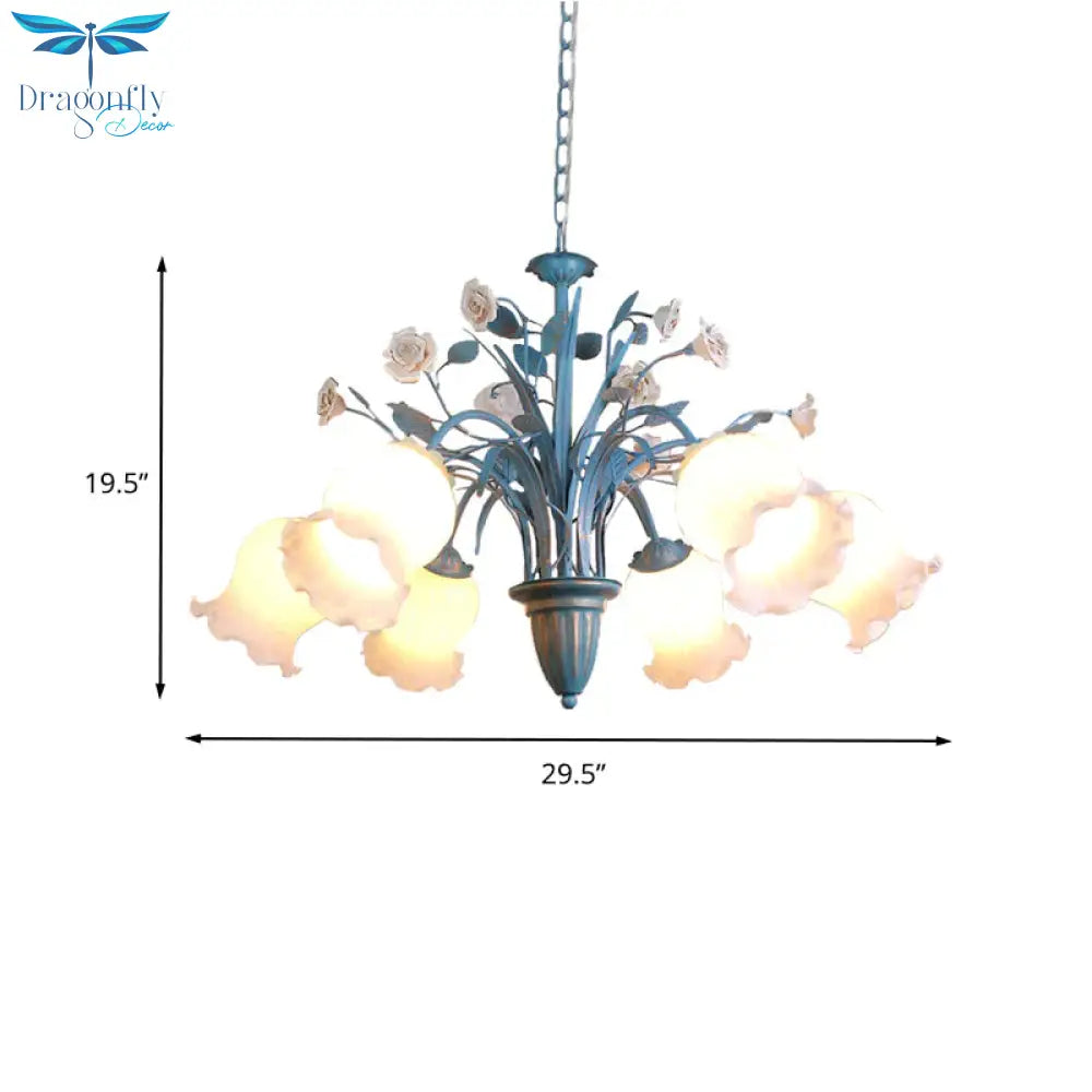 Pastoral Blossom Chandelier Lighting Fixture 3/5/6 Heads White Glass Pendant Ceiling Light In Blue