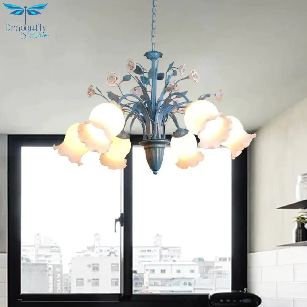 Pastoral Blossom Chandelier Lighting Fixture 3/5/6 Heads White Glass Pendant Ceiling Light In Blue