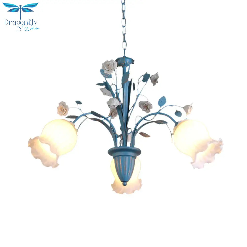 Pastoral Blossom Chandelier Lighting Fixture 3/5/6 Heads White Glass Pendant Ceiling Light In Blue