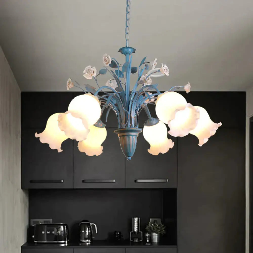 Pastoral Blossom Chandelier Lighting Fixture 3/5/6 Heads White Glass Pendant Ceiling Light In Blue