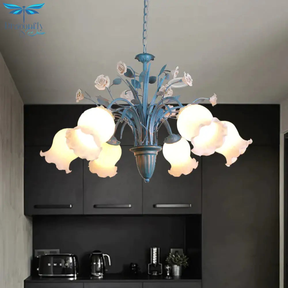 Pastoral Blossom Chandelier Lighting Fixture 3/5/6 Heads White Glass Pendant Ceiling Light In Blue