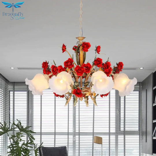 Pastoral Scalloped Chandelier Pendant Light 3/6/8 Heads Metal Led Flower Suspension Lighting In
