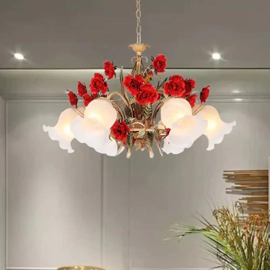 Pastoral Scalloped Chandelier Pendant Light 3/6/8 Heads Metal Led Flower Suspension Lighting In