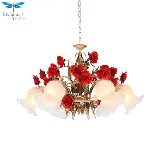 Pastoral Scalloped Chandelier Pendant Light 3/6/8 Heads Metal Led Flower Suspension Lighting In