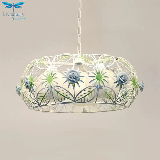 Pastoral Style Foliage Drum Chandelier 3 Lights Iron Hanging Lamp Kit In Blue With Globe Opal Glass