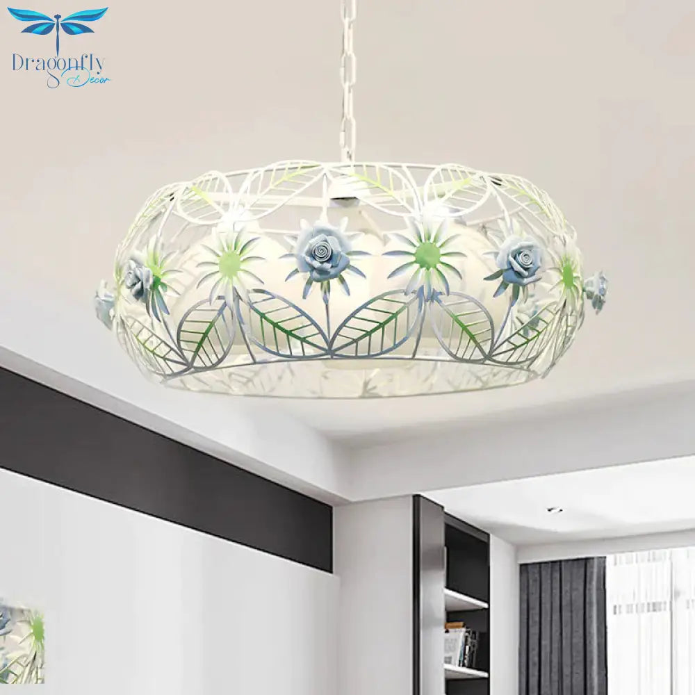 Pastoral Style Foliage Drum Chandelier 3 Lights Iron Hanging Lamp Kit In Blue With Globe Opal Glass