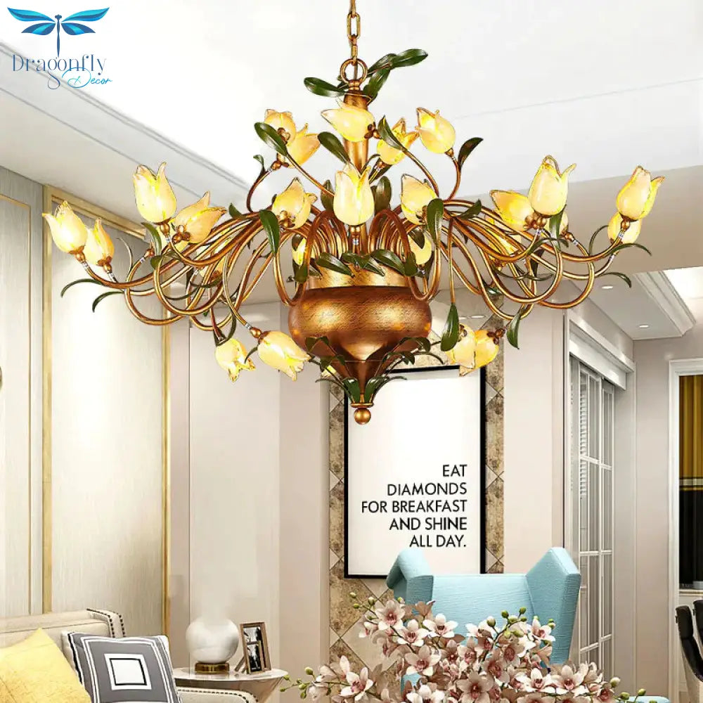 Pastoral Tulip Chandelier Lighting Fixture 12/20/30 Bulbs Metal Led Pendant Ceiling Light In Brass