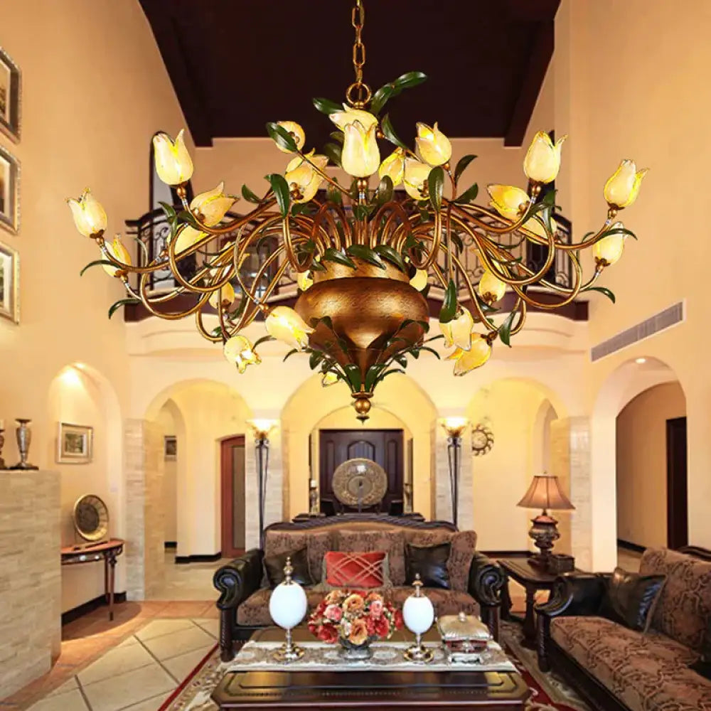 Pastoral Tulip Chandelier Lighting Fixture 12/20/30 Bulbs Metal Led Pendant Ceiling Light In Brass