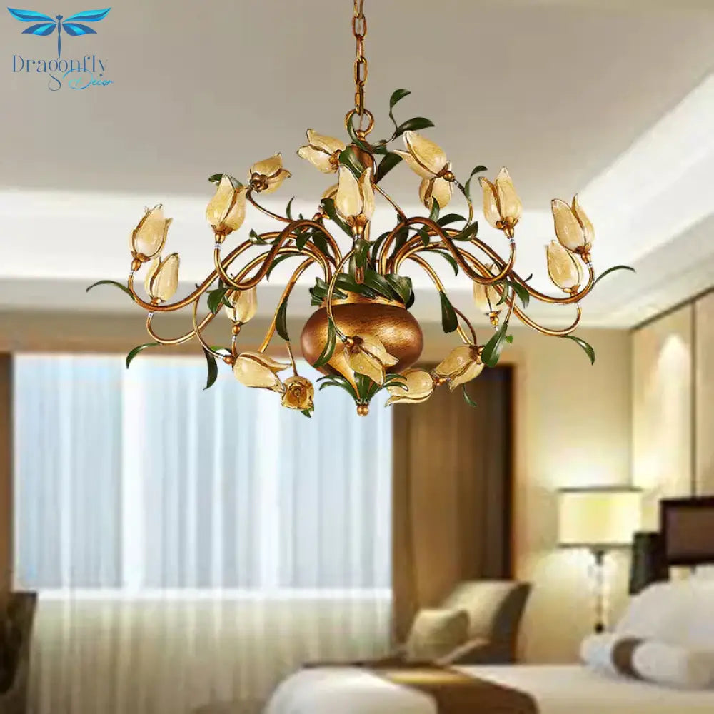Pastoral Tulip Chandelier Lighting Fixture 12/20/30 Bulbs Metal Led Pendant Ceiling Light In Brass