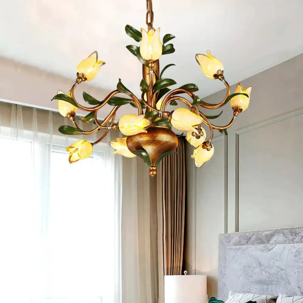 Pastoral Tulip Chandelier Lighting Fixture 12/20/30 Bulbs Metal Led Pendant Ceiling Light In Brass