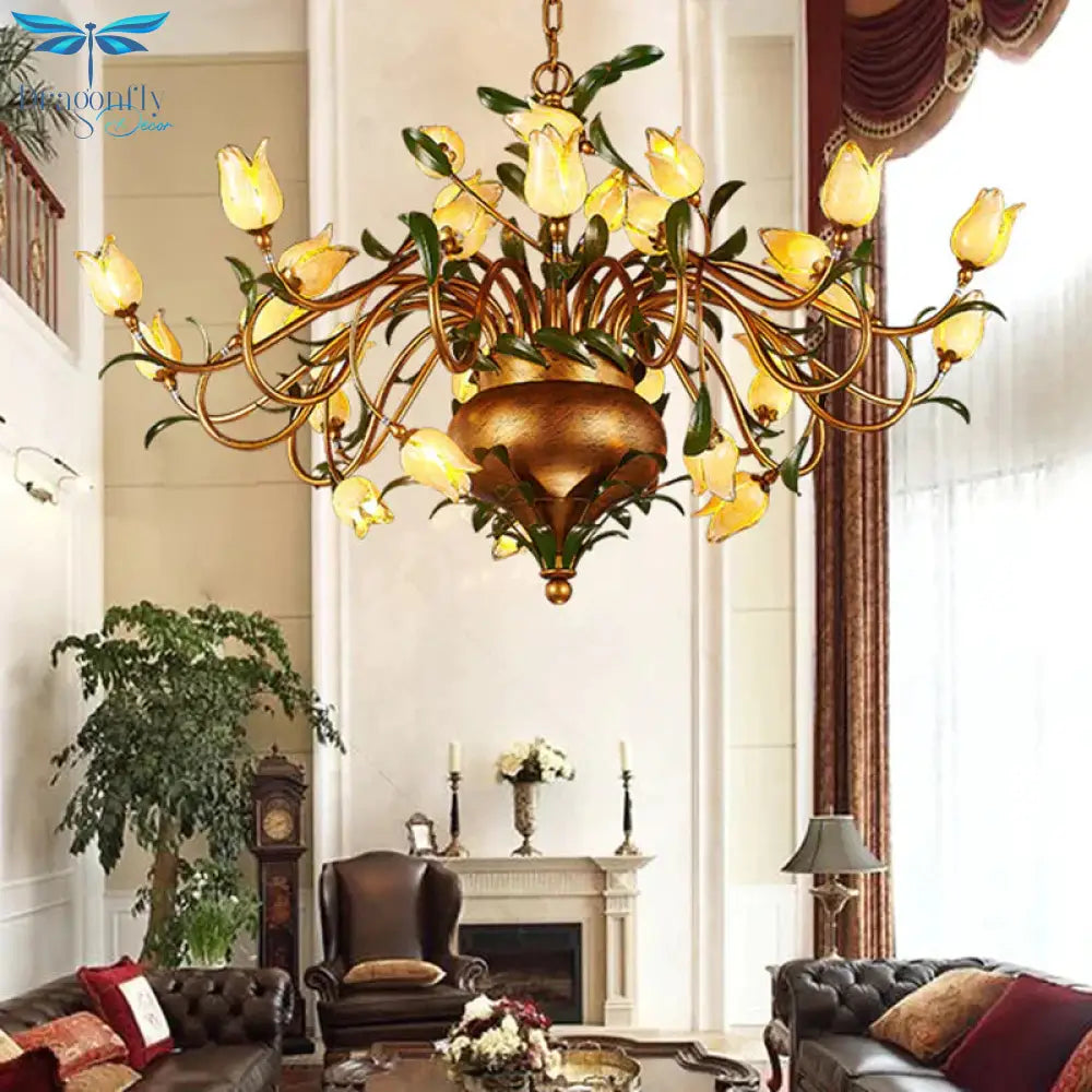 Pastoral Tulip Chandelier Lighting Fixture 12/20/30 Bulbs Metal Led Pendant Ceiling Light In Brass
