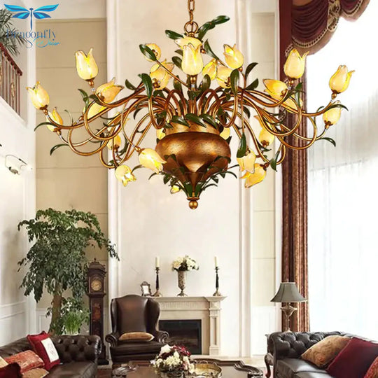 Pastoral Tulip Chandelier Lighting Fixture 12/20/30 Bulbs Metal Led Pendant Ceiling Light In Brass